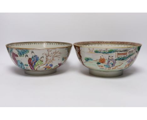 Two 18th century Chinese export famille rose bowls, largest 23cm diameter First image, bowl shown right - four hairline crack