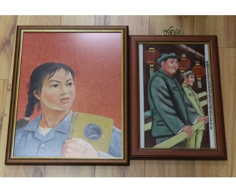A framed Cultural Revolution embroidery picture of a girl holding a book and a porcelain tile of Mao, embroidery 34.5cm wide 