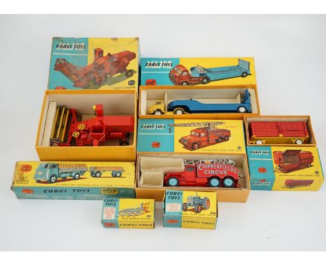 Seven boxed Corgi Toys and Major Toys; a Carrimore Low-Loader (1100), a Massey-Ferguson “780” Combine Harvester (1111), a For