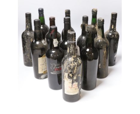 Thirteen various bottles of port, including a bottle of Dow’s 1975 vintage port
