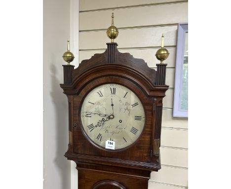 An early 19th century mahogany eight day longcase clock, with silvered dial, marked Joseph Moxon, Bradford, height 212cm