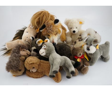 Nine assorted yellow tag Steiff animals, one Yorkshire Terrier, Steiff china plate, one yellow tag bear (12)