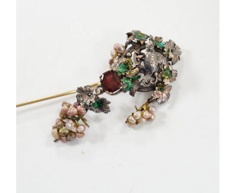 A 19th century Austro-Hungarian white metal garnet, enamel and seed baroque pearl set stick pin (adapted), 84mm.