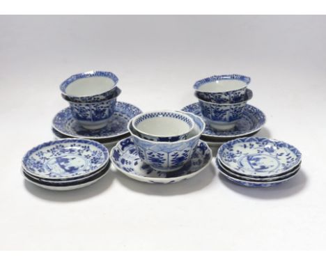 Two pairs of 19th century Chinese blue and white teabowls and saucers, a set of six other blue and white saucers, another and
