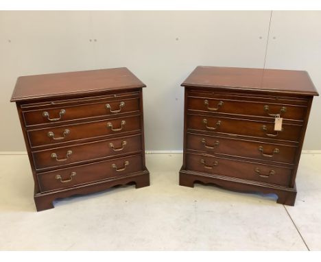 A pair of Georgian style mahogany bedside chests, each fitted four drawers and a slide, on square bracket feet, width 71cm, d