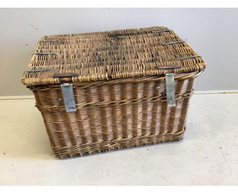 A vintage wicker laundry basket, width 86cm, depth 61cm, height 53cm