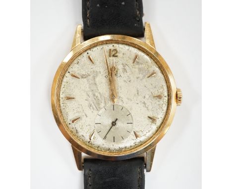 A gentleman's 18k Omega manual wind wrist watch, on a later associated leather strap, case diameter 37mm. (a.f.)