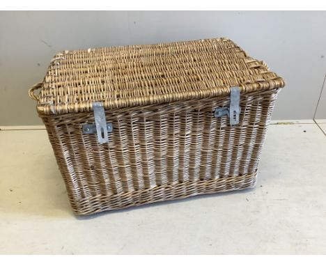 A vintage wicker laundry basket, width 96cm, depth 63cm, height 61cm