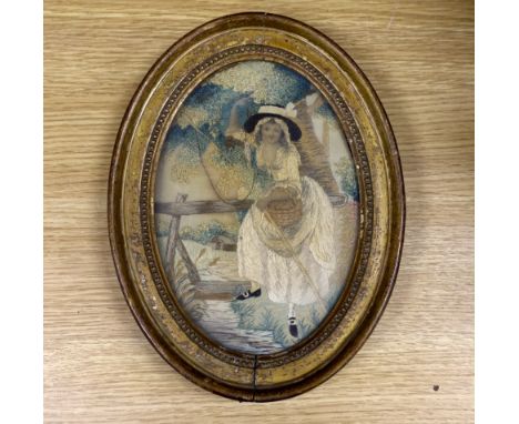 An early George IV oval silk work needlework pastoral embroidery, of a young girl with a fishing rod and basket under a tree 