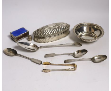 A late Victorian repousse silver oval trinket box by Horton &amp; Allday, Birmingham, 1890, 15.2cm, together with five items 