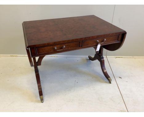 A Bevan Funnell Regency style burr yew and walnut sofa table, twin flaps and two frieze drawers, on plain end standard splaye