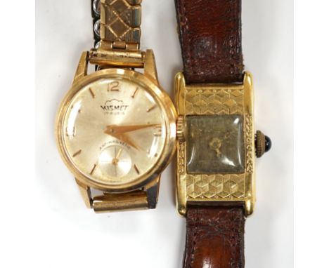 Two 18k cased lady's manual wind wrist watches, including Kismet, on gold plated or leather bracelets.