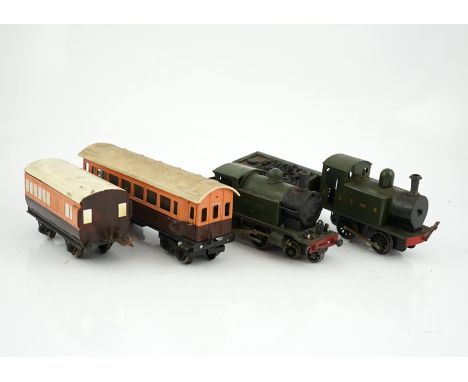 Fifteen tinplate 0 gauge railway items, including three clockwork locomotives; an LSWR 0-4-2 tender loco, an LSWR 0-4-0T and 