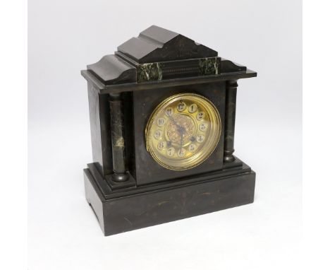 A slate and marble mantel clock with Arabic dial, 29cm high