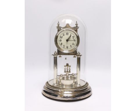 A chrome plated skeleton clock under dome, 29cm