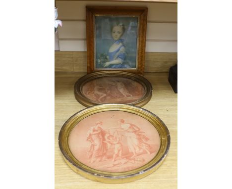 A pair of 19th century sanguine stipple engravings, Classical robed figures, together with a colour print, Girl with kitten, 