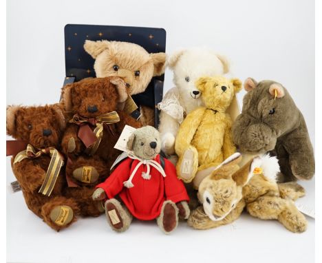 Two Merrythought John Lewis bears, a Harrodd 2000 bear, a Steiff yellow tag rabbit, two Deans bears, a Steiff Cosy Hippo and 