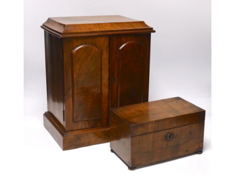 A small Victorian three drawer walnut cabinet, together with a mahogany tea caddy, cabinet 35.5cm x 30cm wide