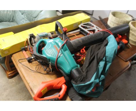 A QUANTITY OF ASSORTED TOOLS TO INCLUDE A BOSCH BLOWER, HEDGE CUTTER, ETC 
