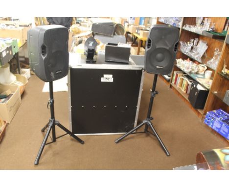 A FOLDABLE DJ BOOTH TOGETHER WITH A PAIR OF VONIX P.A. SPEAKERS ON STANDS, A WILD TECH ORBITER AND A SOUND LAB DISCO LIGHT  