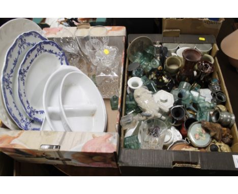 TWO TRAYS OF ASSORTED CHINA CERAMICS AND GLASSWARE TO INCLUDE CUT GLASS DECANTER, A NAO DONKEY, ETC  