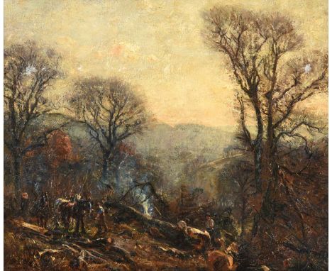 Herbert Royle (1870-1958)Timber cutting and hauling in a winter landscapeSigned, oil on canvas, 49.5cm by 59.5cmArtist's Resa