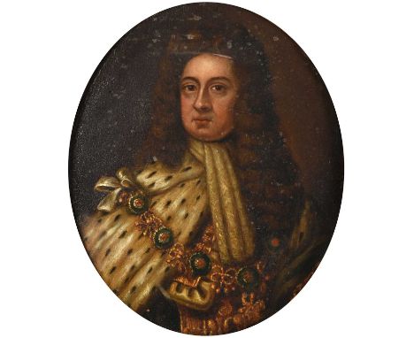 Follower of Sir Godfrey Kneller (1646-1723)Portrait of King William III, half lengthOil on board, 29cm by 24cm (oval)