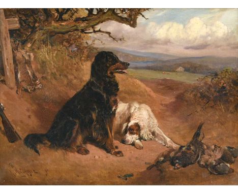 William Woodhouse (1857-1939)Gamekeeper's Spaniels with the day's catchSigned, oil on canvas, 29.5cm by 39cmSee illustrationC