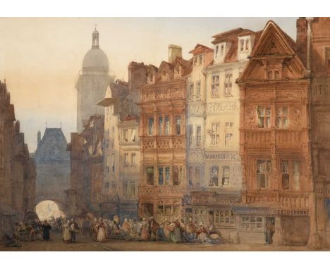 William Callow RWS (1812-1908)"Rue de la Grosse Horloge, Rouen - Morning"Signed and dated 1857, watercolour, 53cm by 74.5cmEx