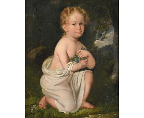 British or American School (19th century)Portrait of a young child crouching in a landscape wearing drapery and holding Forge