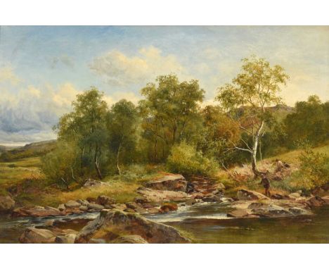 David Bates (1840-1921)Angler and companion on a riverSigned and dated 1889, oil on canvas, 59cm by 89.5cm Provenance: Norlan