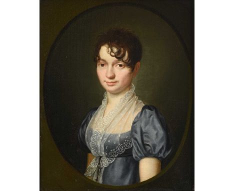 Circle of Louis Léopold Boilly (1761-1845) FrenchPortrait of a young lady, half length wearing a mauve Empire-style silk dres
