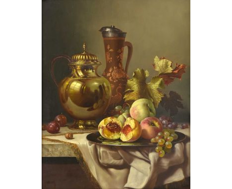 Andreas Gyulda Bubarnik (20th century) HungarianStill life with a plate of fruit, vine leaves and flagons arranged on a drape