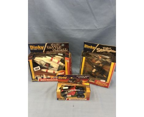 Three late 1970s dinky space models (Numbers 361, 362 &amp; 367) Zygon War Chariot, Trident Star fighter and Super Battle Cru