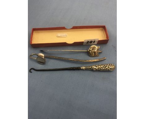 Two hallmarked silver bookmarks and a silver handled button hook