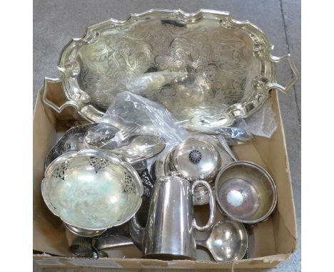 A box of plated items including tray, ladle, etc.
