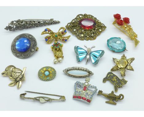 Fifteen costume brooches including one Swarovski