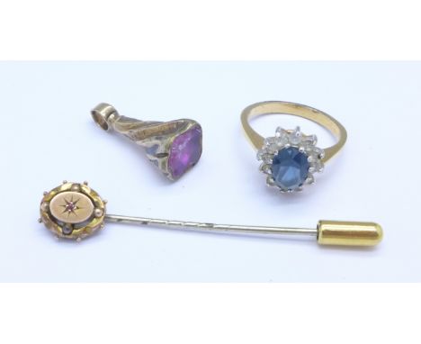 A 9ct gold stick pin, a blue and white stone cluster ring and a seal