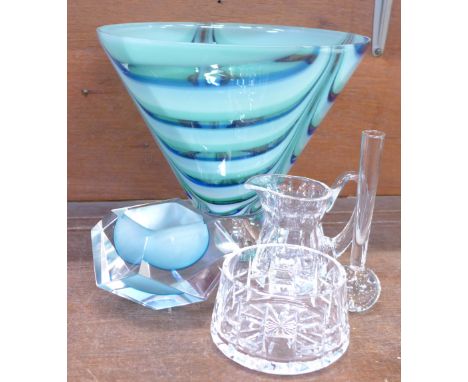 A large glass vase, a posy vase, a glass dish, and a cream and sugar bowl, (5)