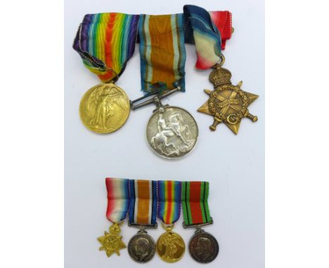 A set of three WWI medals and miniatures to 82654 A. Bmbr. A.W. Radford, Royal Field Artillery