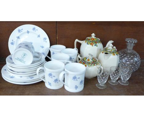 Six Elsimore cups, saucers and four plates, a glass and enamel liqueur set and a three piece tea service decorated with flowe