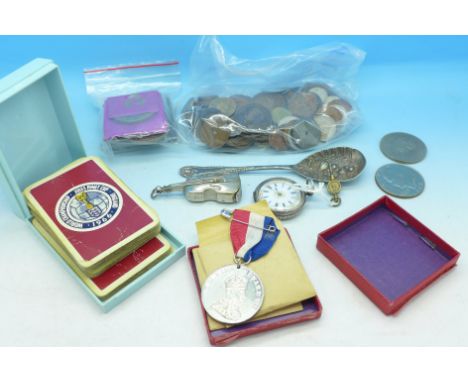 A novelty violin vesta case, a silver fob watch, a 1937 Coronation Medal, commemorative crowns, 1966 World Cup playing cards,