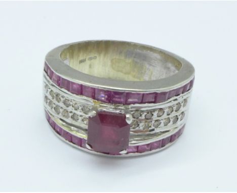 A white metal, ruby and diamond ring, marked 800, a/f, V
