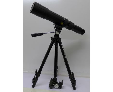 A Meade Pathfinder zoom spotting scope 15x-60x, Velbon Triumph tripod and fixing clamp