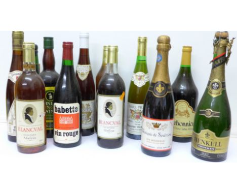 Two boxes of assorted wine including ginger and sparkling wine including Marquis De Soubrona Henkell, twenty one bottles in t