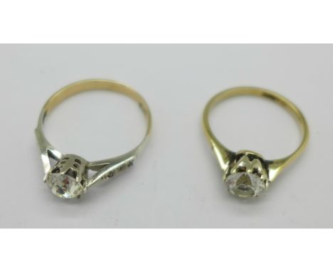 Two 9ct gold solitaire rings, 3.5g, K and O