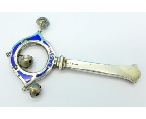 A baby's silver and enamel rattle, a/f