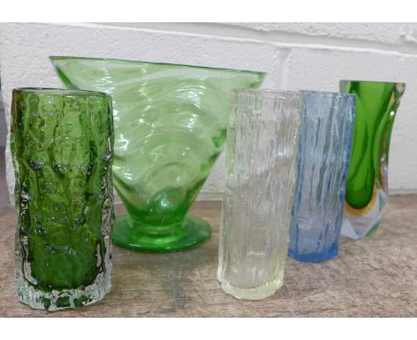 Five glass vases including a green Whitefriars textured bark vase