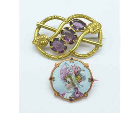 An enamel portrait brooch and a pinchbeck and amethyst brooch