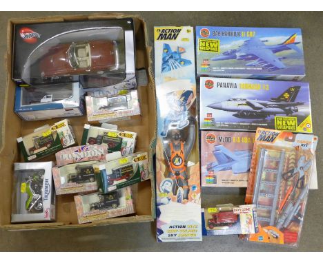 An Action Man and Action Kite, boxed, three Airfix Fighter Jet model kits, die-cast model vehicles, etc.